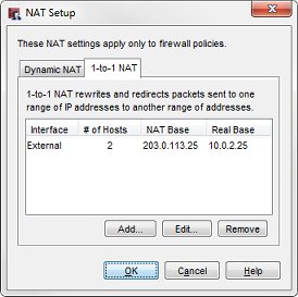 Captura de pantalla del cuadro de diálogo Configuración de NAT, pestaña 1-to-1 NAT